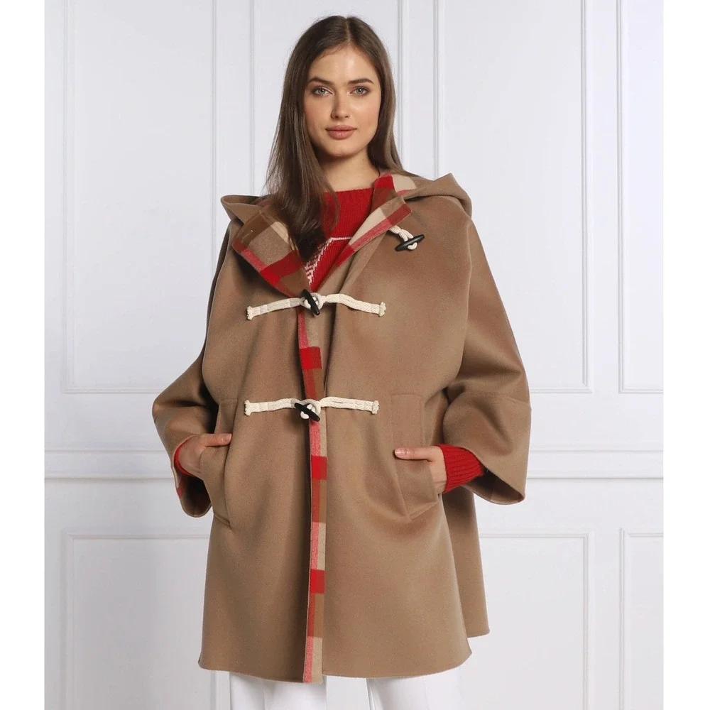 Weekend Max Mara Duffle Coat Size 4 Camel Brown Virgin Wool Hooded Plaid Toggle‎